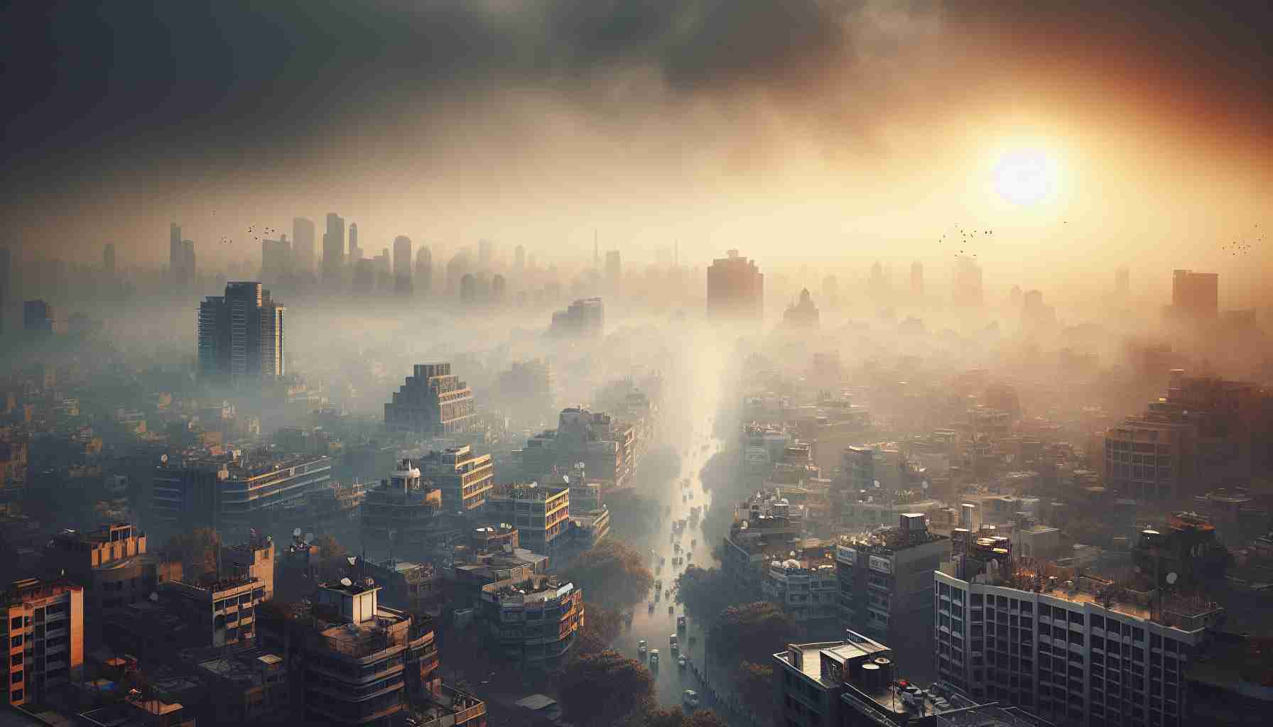 A realistic, high-definition image showing the air quality crisis in Delhi. The scene reflects an emergency situation, with smog enveloping the cityscape and reducing visibility significantly. Buildings should fade into the dense layer of pollution in the distance, with the sun attempting to pierce through the grey, hazy sky. The streets are filled with people, all genders and diverse descents, should be donning masks, a sight that's become all too common. The image should capture the urgency and gravity of this environmental issue.