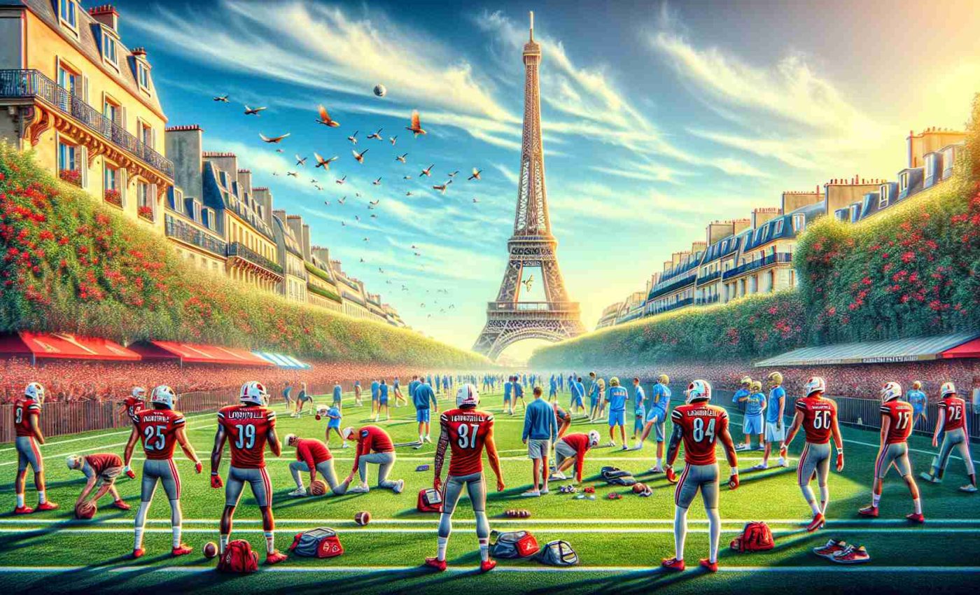 Generate a realistic high-definition image depicting an exciting scenario where the Louisville Cardinals, a university sports team, are preparing for a big matchup against UCLA, but on a beautiful sunny day in Paris. Capture the tension in the atmosphere, with the squads warming up on a fantastically maintained field. Iconic Parisian elements like the Eiffel Tower or charming street cafes should be subtly included in the background, hinting at their foreign and adventurous location.