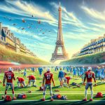 Generate a realistic high-definition image depicting an exciting scenario where the Louisville Cardinals, a university sports team, are preparing for a big matchup against UCLA, but on a beautiful sunny day in Paris. Capture the tension in the atmosphere, with the squads warming up on a fantastically maintained field. Iconic Parisian elements like the Eiffel Tower or charming street cafes should be subtly included in the background, hinting at their foreign and adventurous location.