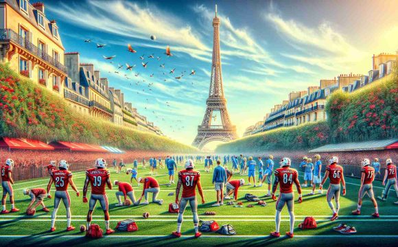 Generate a realistic high-definition image depicting an exciting scenario where the Louisville Cardinals, a university sports team, are preparing for a big matchup against UCLA, but on a beautiful sunny day in Paris. Capture the tension in the atmosphere, with the squads warming up on a fantastically maintained field. Iconic Parisian elements like the Eiffel Tower or charming street cafes should be subtly included in the background, hinting at their foreign and adventurous location.