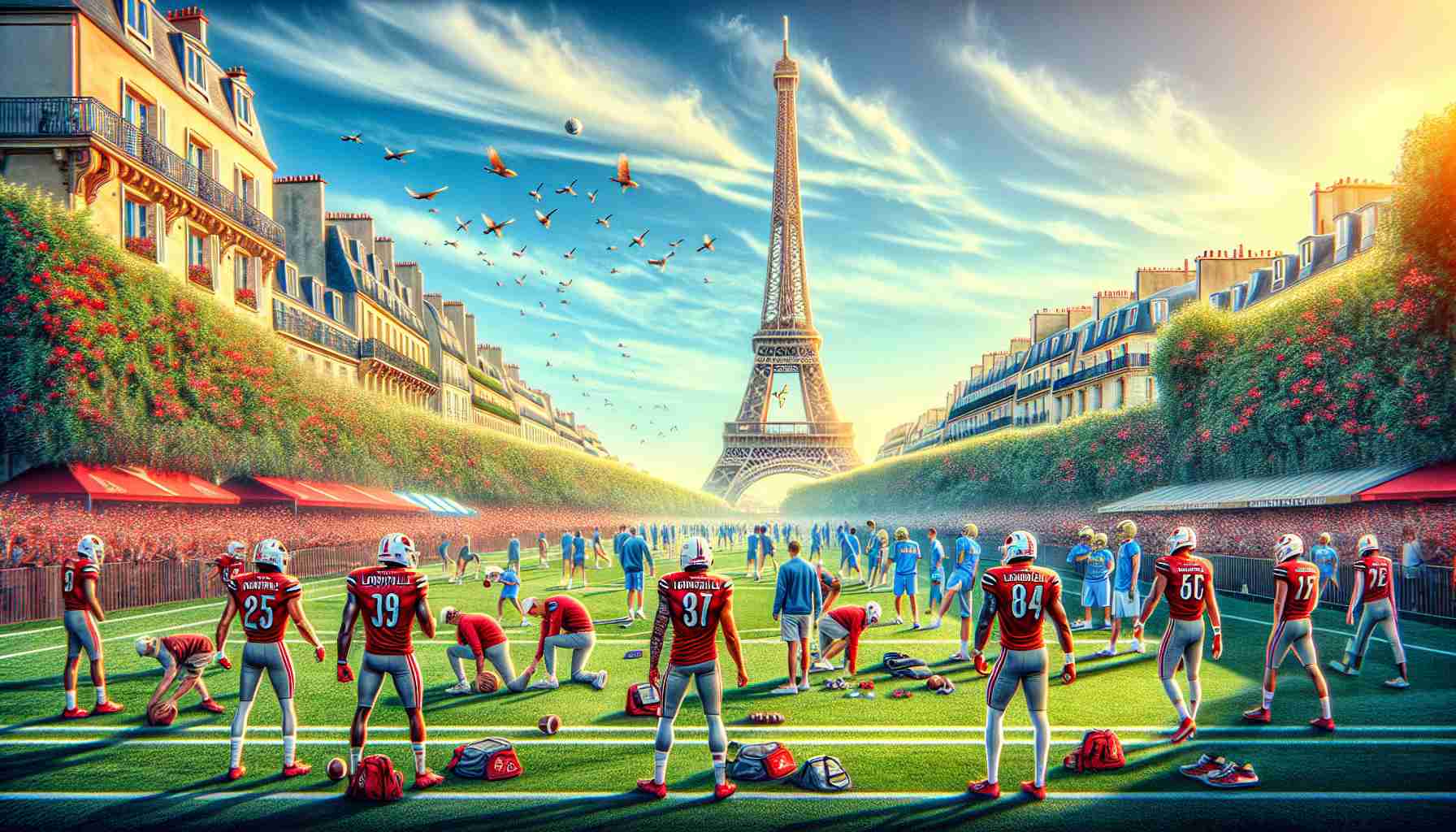 Generate a realistic high-definition image depicting an exciting scenario where the Louisville Cardinals, a university sports team, are preparing for a big matchup against UCLA, but on a beautiful sunny day in Paris. Capture the tension in the atmosphere, with the squads warming up on a fantastically maintained field. Iconic Parisian elements like the Eiffel Tower or charming street cafes should be subtly included in the background, hinting at their foreign and adventurous location.