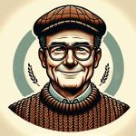 Depiction of a charismatic politician with distinctive glasses, a flat cap and a woolly sweater, known for his influence and popularity beyond his region. The politician has a cheerful expression and country charm, indicating his amiable personality