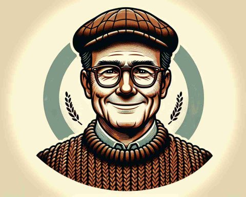 Depiction of a charismatic politician with distinctive glasses, a flat cap and a woolly sweater, known for his influence and popularity beyond his region. The politician has a cheerful expression and country charm, indicating his amiable personality