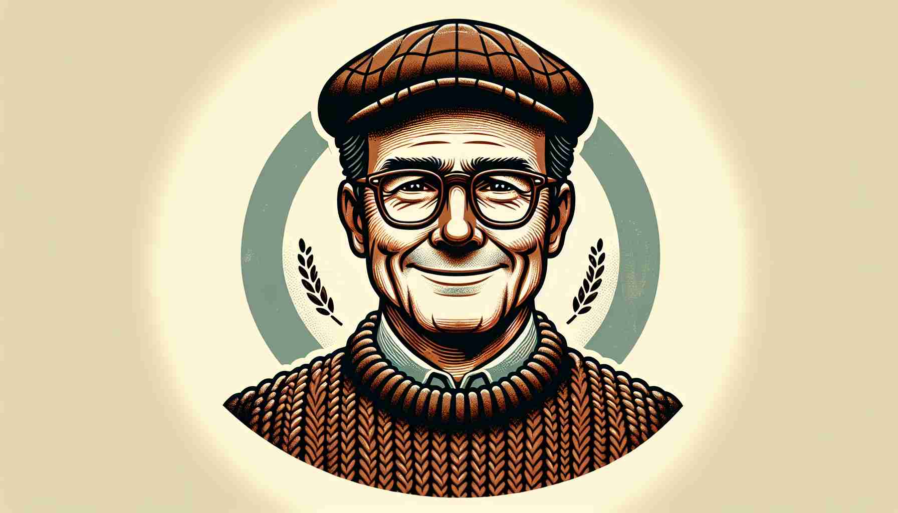 Depiction of a charismatic politician with distinctive glasses, a flat cap and a woolly sweater, known for his influence and popularity beyond his region. The politician has a cheerful expression and country charm, indicating his amiable personality