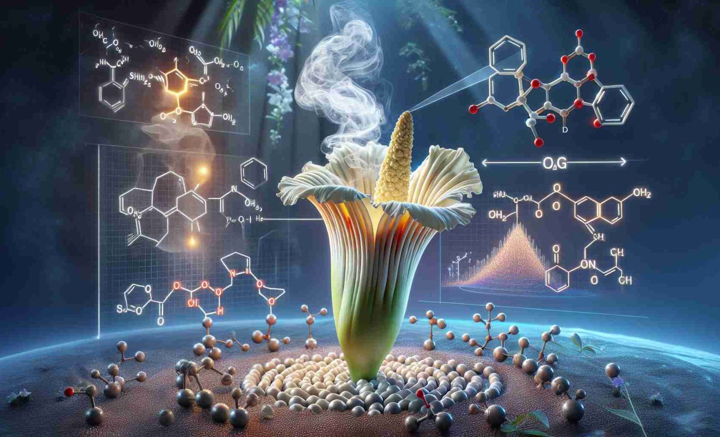 A realistic, high-definition image showcasing the scientific process behind the distinctive odor of the corpse flower. The scene should depict the flower itself in full bloom, emitting waves representing the odor, while diagrams or illustrations indicating chemical processes hover in the surrounding space. Include molecular models of the compounds responsible for its unique smell.