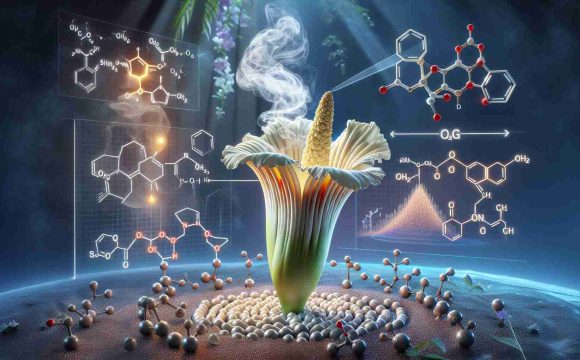 A realistic, high-definition image showcasing the scientific process behind the distinctive odor of the corpse flower. The scene should depict the flower itself in full bloom, emitting waves representing the odor, while diagrams or illustrations indicating chemical processes hover in the surrounding space. Include molecular models of the compounds responsible for its unique smell.