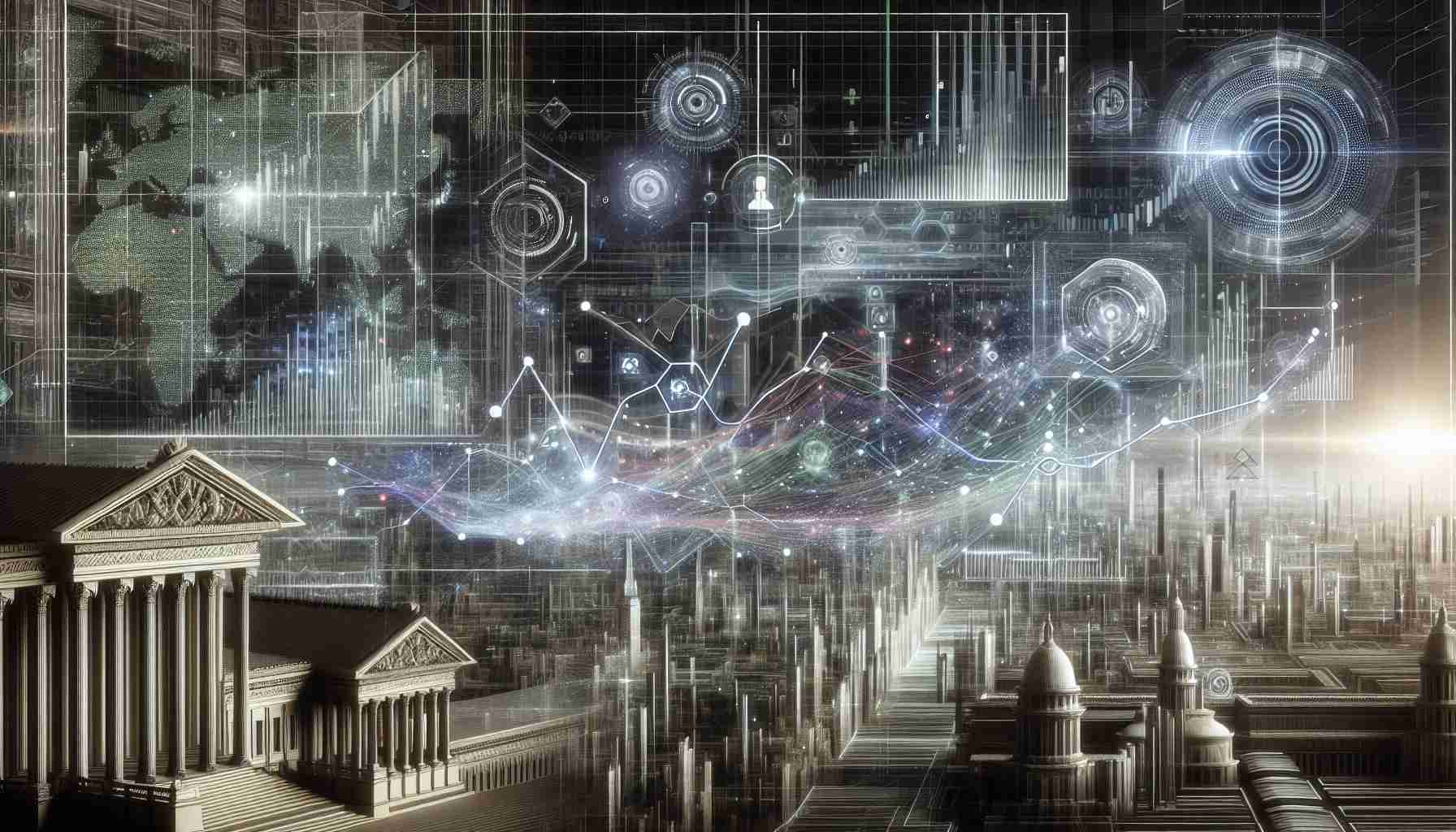 An intricately detailed and realistic image in high-definition portraying the unseen future envisioned by Artificial Intelligence in the field of stock investments. Depict a vast, dynamic digital interface with complex graphs, trends analysis, sophisticated algorithmic projections, hovering digital stocks symbols, and futuristic AI elements. A touch of neoclassical architecture in the background signifies tradition, giving an interesting twist contrasted with the advanced AI technology.