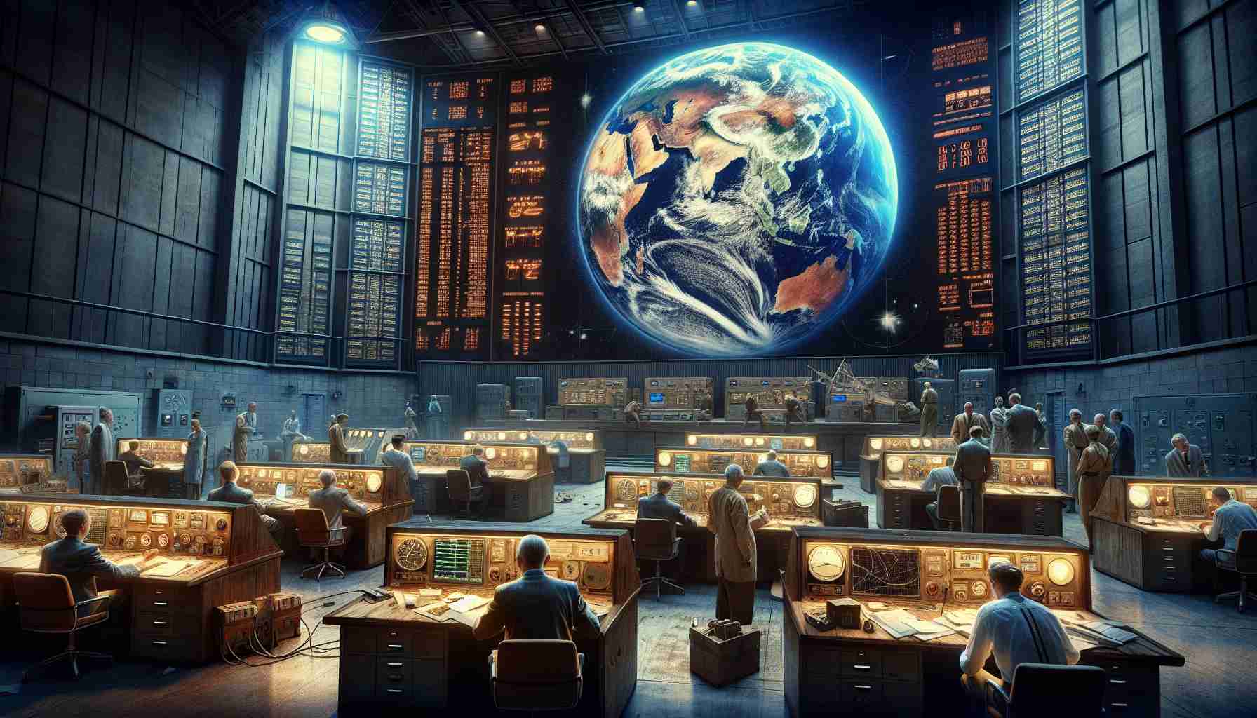 An HD quality realistic depiction of a significant historic event related to Australia's foray into space exploration. The scene captures the anticipation and excitement of the moment. Imagine engineers huddled around monitoring systems, mathematicians poring over data sheets, and technicians tweaking intricate machinery. Background features a gigantic recreational painting of Earth on the wall, symbolizing the reference point for the journey and the destination to return to.