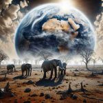 Generate a hyper-realistic, high-definition image that depicts the looming threat that climate change poses to the elephant population in Botswana. The image should show a harsh, arid landscape with sparse vegetation and severely limited water sources. A group of elephants should feature prominently, their struggle for survival apparent in their hollowed behaviours and the difficult conditions around them. The sky should be baking with a glaring sun, emphasizing the harshness of the climate change effects. Keep a focus on illustrating this serious environmental issue.