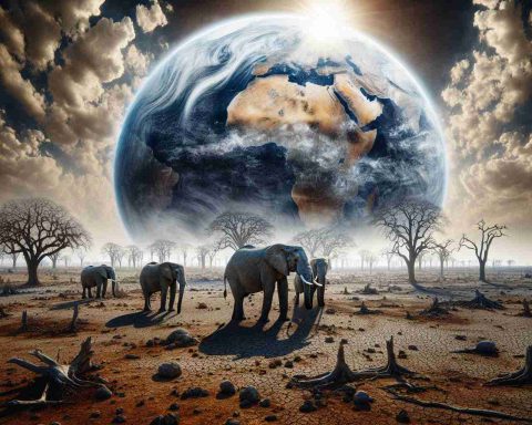 Generate a hyper-realistic, high-definition image that depicts the looming threat that climate change poses to the elephant population in Botswana. The image should show a harsh, arid landscape with sparse vegetation and severely limited water sources. A group of elephants should feature prominently, their struggle for survival apparent in their hollowed behaviours and the difficult conditions around them. The sky should be baking with a glaring sun, emphasizing the harshness of the climate change effects. Keep a focus on illustrating this serious environmental issue.