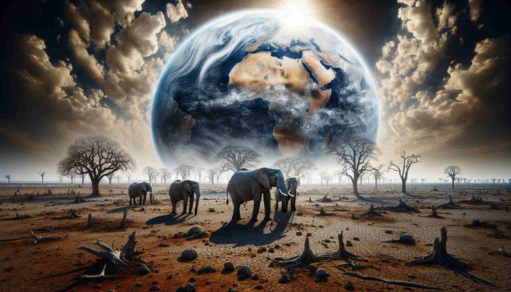 Generate a hyper-realistic, high-definition image that depicts the looming threat that climate change poses to the elephant population in Botswana. The image should show a harsh, arid landscape with sparse vegetation and severely limited water sources. A group of elephants should feature prominently, their struggle for survival apparent in their hollowed behaviours and the difficult conditions around them. The sky should be baking with a glaring sun, emphasizing the harshness of the climate change effects. Keep a focus on illustrating this serious environmental issue.