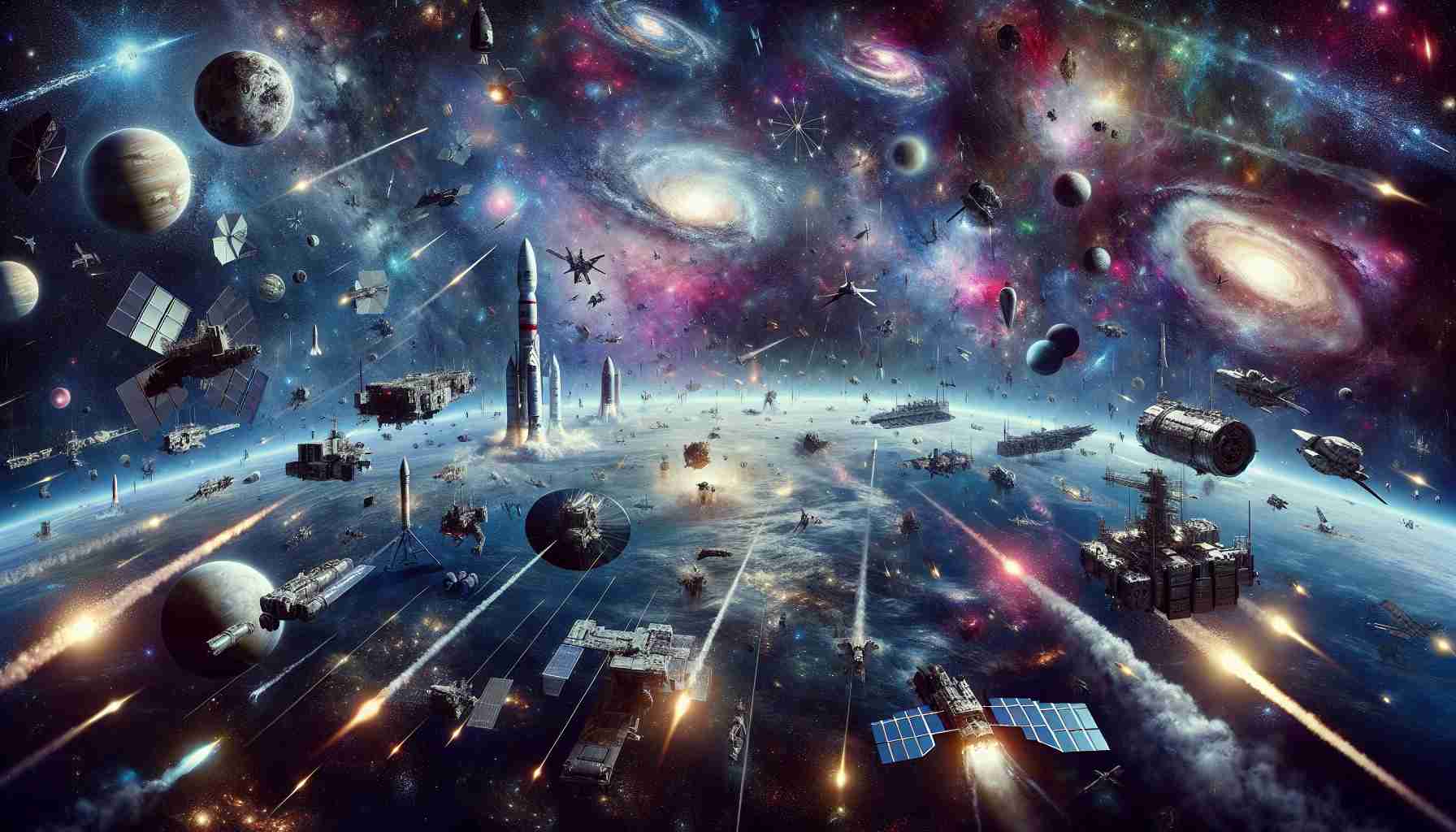 Realistic high-definition illustration of the concept of cosmic militarization. Portrayed as a vast space scene, filled with different celestial bodies - galaxies, stars, nebulae, comet trails. In this vastness, depict an array of various types of advanced military space technology, such as satellites, spacecrafts, and defense systems. Avoid including any specific national or organization insignias or symbols on these hypothetical space equipments to keep the scene undirected towards any particular entity.