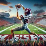 A highly detailed, realistic image representing a symbolic interpretation of a top In-State receiver from Mississippi deciding to join the Mississippi University football team instead of the Alabama team. The image should ideally showcase a young male football player, wearing the University of Mississippi jersey, catching a football mid-flight against a backdrop of a large, filled football stadium. The jerseys should be red and blue to represent University of Mississippi and the player should be visibly ecstatic, denoting his enthusiasm for his choice of institution.