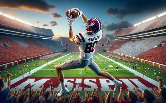 A highly detailed, realistic image representing a symbolic interpretation of a top In-State receiver from Mississippi deciding to join the Mississippi University football team instead of the Alabama team. The image should ideally showcase a young male football player, wearing the University of Mississippi jersey, catching a football mid-flight against a backdrop of a large, filled football stadium. The jerseys should be red and blue to represent University of Mississippi and the player should be visibly ecstatic, denoting his enthusiasm for his choice of institution.