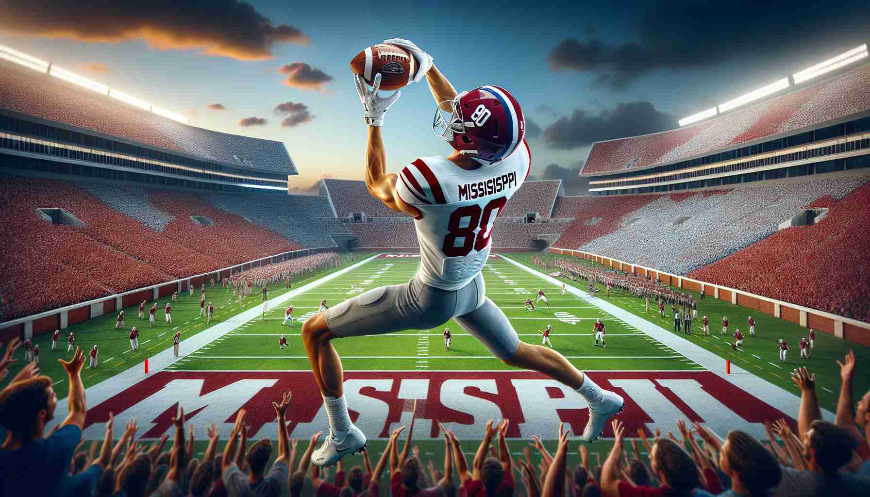 A highly detailed, realistic image representing a symbolic interpretation of a top In-State receiver from Mississippi deciding to join the Mississippi University football team instead of the Alabama team. The image should ideally showcase a young male football player, wearing the University of Mississippi jersey, catching a football mid-flight against a backdrop of a large, filled football stadium. The jerseys should be red and blue to represent University of Mississippi and the player should be visibly ecstatic, denoting his enthusiasm for his choice of institution.