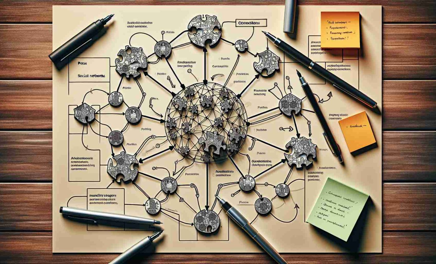 Generate a high-resolution, realistic image showing a conceptual puzzle consisting of intertwined puzzle pieces. The puzzle represents connections, possibly signifying social networks or logical dependencies. Surrounding the puzzle are a few pens or markers, notepads and sticky notes with handwritten strategies, tips and tricks for solving such puzzles. The image gives a sense of analysis, planning as well as strategic thinking.