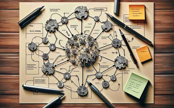 Generate a high-resolution, realistic image showing a conceptual puzzle consisting of intertwined puzzle pieces. The puzzle represents connections, possibly signifying social networks or logical dependencies. Surrounding the puzzle are a few pens or markers, notepads and sticky notes with handwritten strategies, tips and tricks for solving such puzzles. The image gives a sense of analysis, planning as well as strategic thinking.