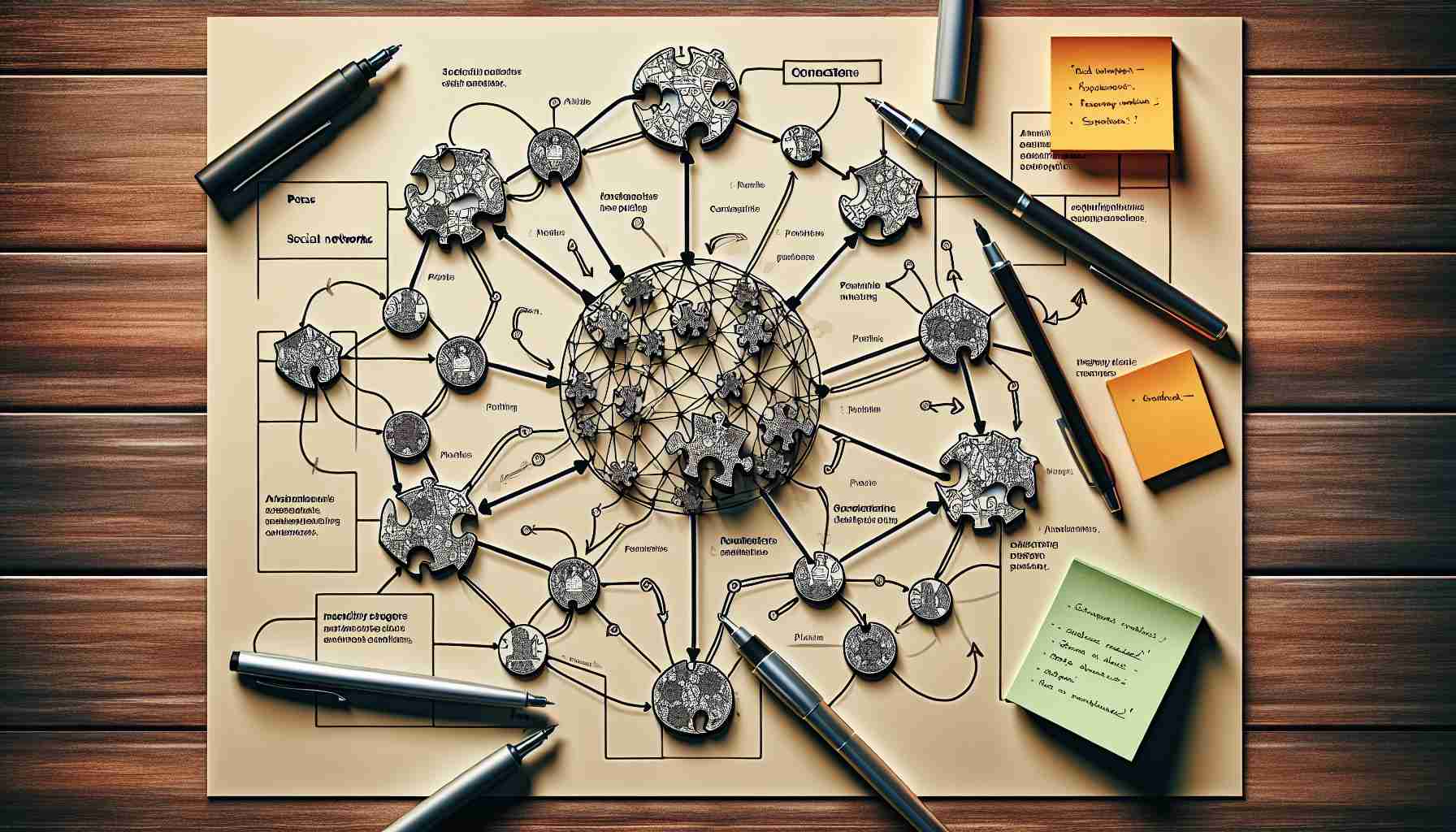 Generate a high-resolution, realistic image showing a conceptual puzzle consisting of intertwined puzzle pieces. The puzzle represents connections, possibly signifying social networks or logical dependencies. Surrounding the puzzle are a few pens or markers, notepads and sticky notes with handwritten strategies, tips and tricks for solving such puzzles. The image gives a sense of analysis, planning as well as strategic thinking.