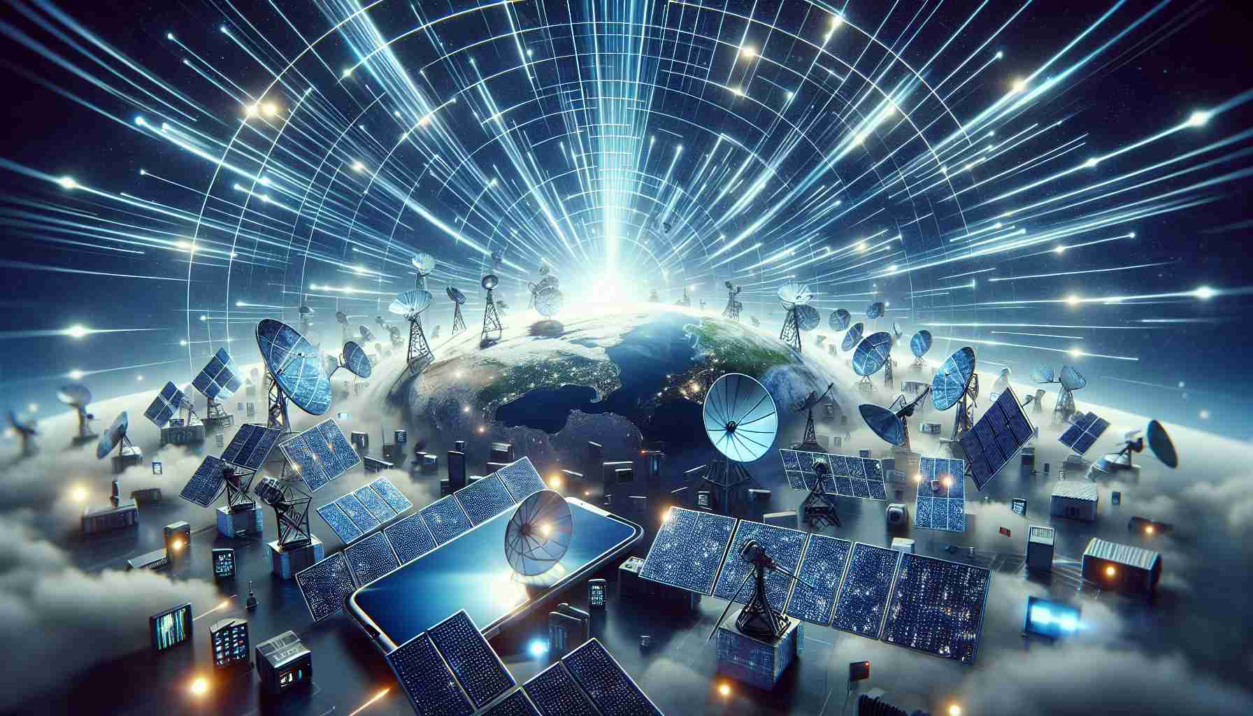 A high-definition realistic image showcasing the concept of a revolutionary satellite service set to disrupt the mobile telecom industry. Include various elements associated with telecommunication such as satellites, mobile devices, and signal rays. The scene should reflect the transformative impact of this new service on the industry. For instance, there can be a dynamic array of satellite signals converging onto a globe, symbolizing the global reach of the service. Perhaps, there are mobile devices bathed in the glow of these signals, representing the seamless connectivity provided by the service.