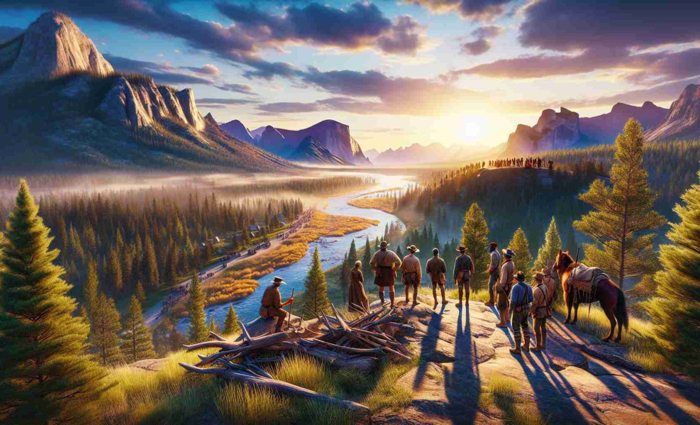 A high-definition, realistic visualization of an epic journey reaching its conclusion in Yellowstone National Park. Depict the natural setting of the park with its vast forests, rivers, and mountains. Maybe include a group of weary travelers, each from a different descent and mixture of men and women, standing at a viewpoint overlooking the park, reminiscing their epic adventure. Emphasize the vibrant colors of the sunset casting long shadows, indicating the day and their journey is about to end.