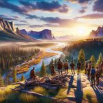 A high-definition, realistic visualization of an epic journey reaching its conclusion in Yellowstone National Park. Depict the natural setting of the park with its vast forests, rivers, and mountains. Maybe include a group of weary travelers, each from a different descent and mixture of men and women, standing at a viewpoint overlooking the park, reminiscing their epic adventure. Emphasize the vibrant colors of the sunset casting long shadows, indicating the day and their journey is about to end.