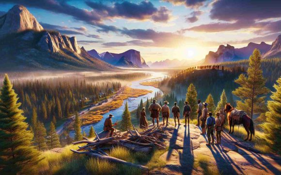 A high-definition, realistic visualization of an epic journey reaching its conclusion in Yellowstone National Park. Depict the natural setting of the park with its vast forests, rivers, and mountains. Maybe include a group of weary travelers, each from a different descent and mixture of men and women, standing at a viewpoint overlooking the park, reminiscing their epic adventure. Emphasize the vibrant colors of the sunset casting long shadows, indicating the day and their journey is about to end.