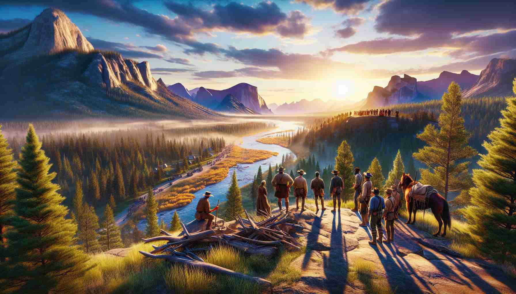 A high-definition, realistic visualization of an epic journey reaching its conclusion in Yellowstone National Park. Depict the natural setting of the park with its vast forests, rivers, and mountains. Maybe include a group of weary travelers, each from a different descent and mixture of men and women, standing at a viewpoint overlooking the park, reminiscing their epic adventure. Emphasize the vibrant colors of the sunset casting long shadows, indicating the day and their journey is about to end.