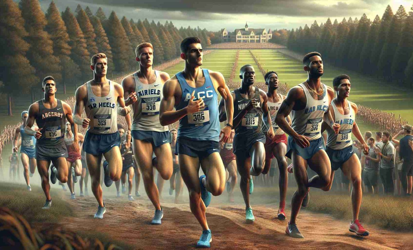 An ultra high-definition realistic image depicting a tense moment as a team named 'Tar Heels' chases championship glory in an upcoming ACC cross country showdown. The scene includes athletes in their prime, a mixture of men and women of various descents for example Caucasian, Black, Middle-Eastern, South Asian, and Hispanic, in professional running attire, exuding determination and focus. The background flaunts a scenic cross-country trail with spectators on the sides, cheering loudly. The atmosphere should radiate anticipatory excitement and healthy competition.