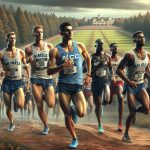 An ultra high-definition realistic image depicting a tense moment as a team named 'Tar Heels' chases championship glory in an upcoming ACC cross country showdown. The scene includes athletes in their prime, a mixture of men and women of various descents for example Caucasian, Black, Middle-Eastern, South Asian, and Hispanic, in professional running attire, exuding determination and focus. The background flaunts a scenic cross-country trail with spectators on the sides, cheering loudly. The atmosphere should radiate anticipatory excitement and healthy competition.