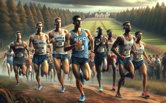 An ultra high-definition realistic image depicting a tense moment as a team named 'Tar Heels' chases championship glory in an upcoming ACC cross country showdown. The scene includes athletes in their prime, a mixture of men and women of various descents for example Caucasian, Black, Middle-Eastern, South Asian, and Hispanic, in professional running attire, exuding determination and focus. The background flaunts a scenic cross-country trail with spectators on the sides, cheering loudly. The atmosphere should radiate anticipatory excitement and healthy competition.