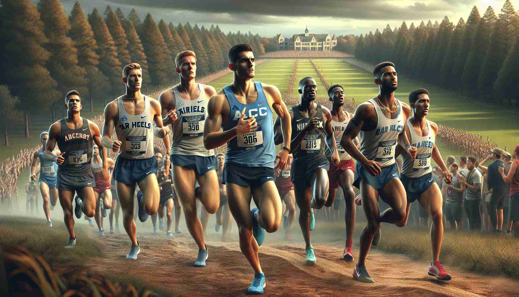 An ultra high-definition realistic image depicting a tense moment as a team named 'Tar Heels' chases championship glory in an upcoming ACC cross country showdown. The scene includes athletes in their prime, a mixture of men and women of various descents for example Caucasian, Black, Middle-Eastern, South Asian, and Hispanic, in professional running attire, exuding determination and focus. The background flaunts a scenic cross-country trail with spectators on the sides, cheering loudly. The atmosphere should radiate anticipatory excitement and healthy competition.