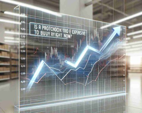 A realistic HD photo of a conceptual representation of the questioning stock market trends. Showcase a graph illustrating fluctuating prices, with arrows moving in both directions, symbolizing potential gains and losses. Overlapping the graph, include the text 'Is a particular wholesale company's stock too expensive to buy right now?' The graphic should be placed against a backdrop of an abstracted store-like environment, hinting at the retail nature of the company involved.