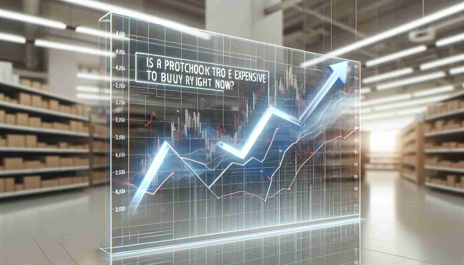 A realistic HD photo of a conceptual representation of the questioning stock market trends. Showcase a graph illustrating fluctuating prices, with arrows moving in both directions, symbolizing potential gains and losses. Overlapping the graph, include the text 'Is a particular wholesale company's stock too expensive to buy right now?' The graphic should be placed against a backdrop of an abstracted store-like environment, hinting at the retail nature of the company involved.