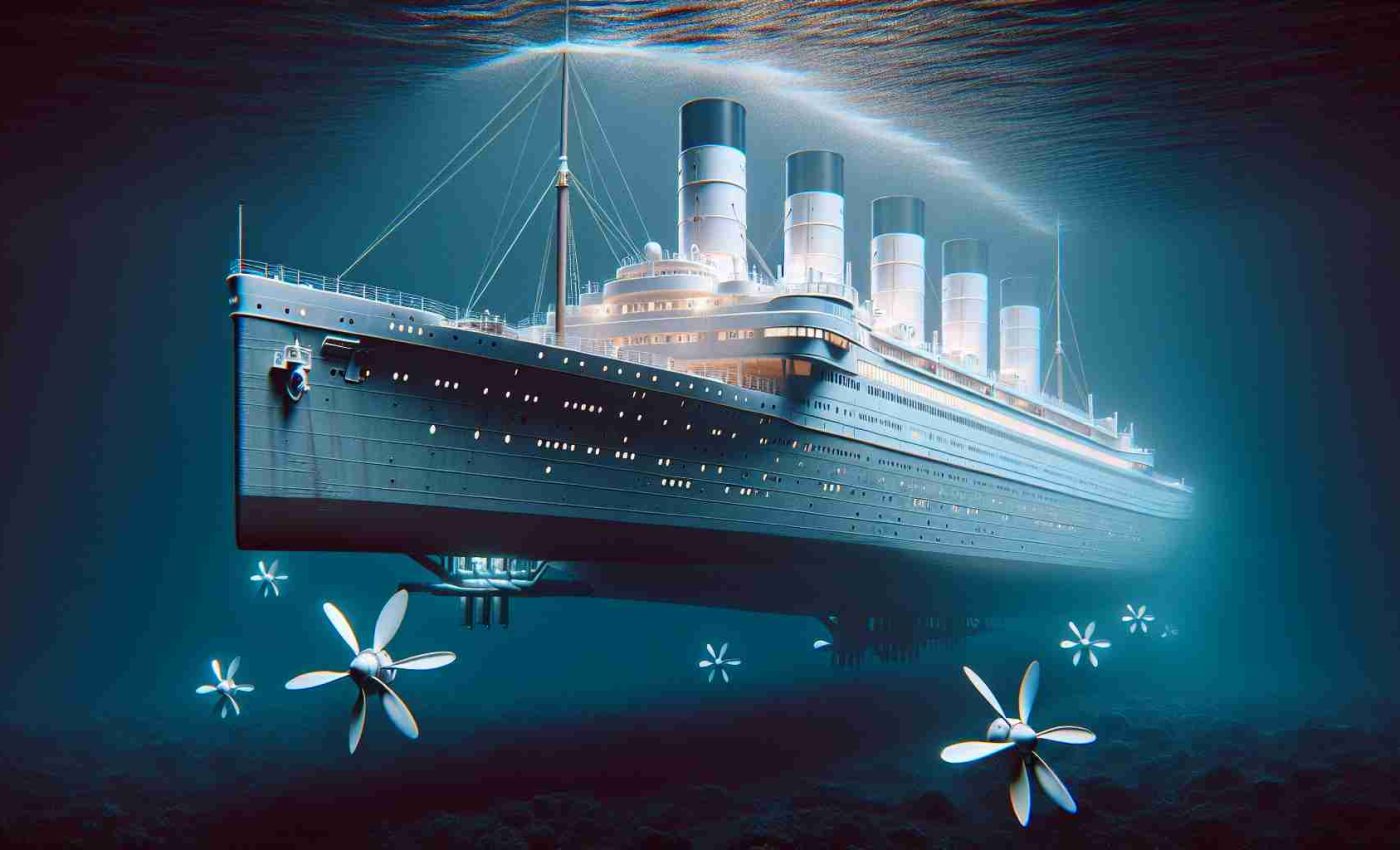 Create a realistic high-definition image of a legendary ocean liner, not unlike the SS United States, ready to embark on an underwater adventure. The ship should be immaculately constructed with exceptional attention to details such as the large propellers, towering smokestacks, and array of spacious windows.