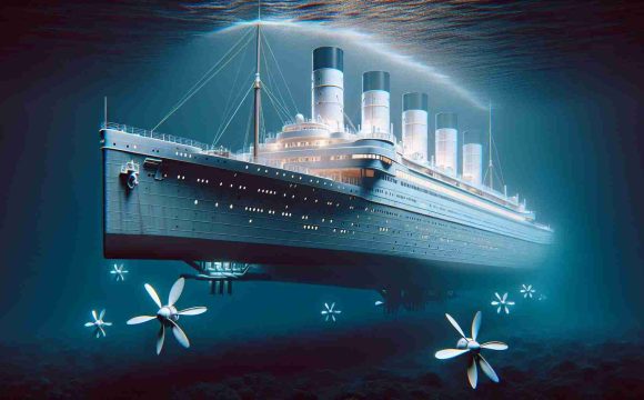 Create a realistic high-definition image of a legendary ocean liner, not unlike the SS United States, ready to embark on an underwater adventure. The ship should be immaculately constructed with exceptional attention to details such as the large propellers, towering smokestacks, and array of spacious windows.