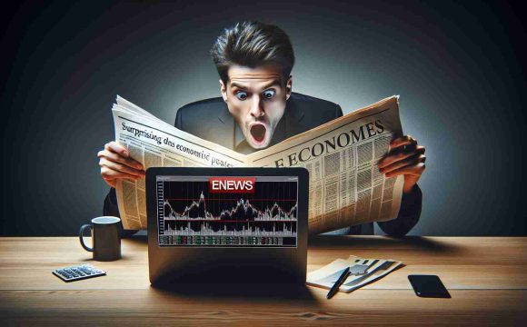 Create a realistic, high-definition image illustrating the concept of surprising or dramatic economic updates. This could be a picture of someone reacting with shock to a newspaper headline about the economy, or graphs and charts displaying unexpected fluctuations in financial markets. The view might also encompass a laptop screen showing breaking news about significant shifts in global economics, which would theoretically cause an individual to alter his or her financial strategy.