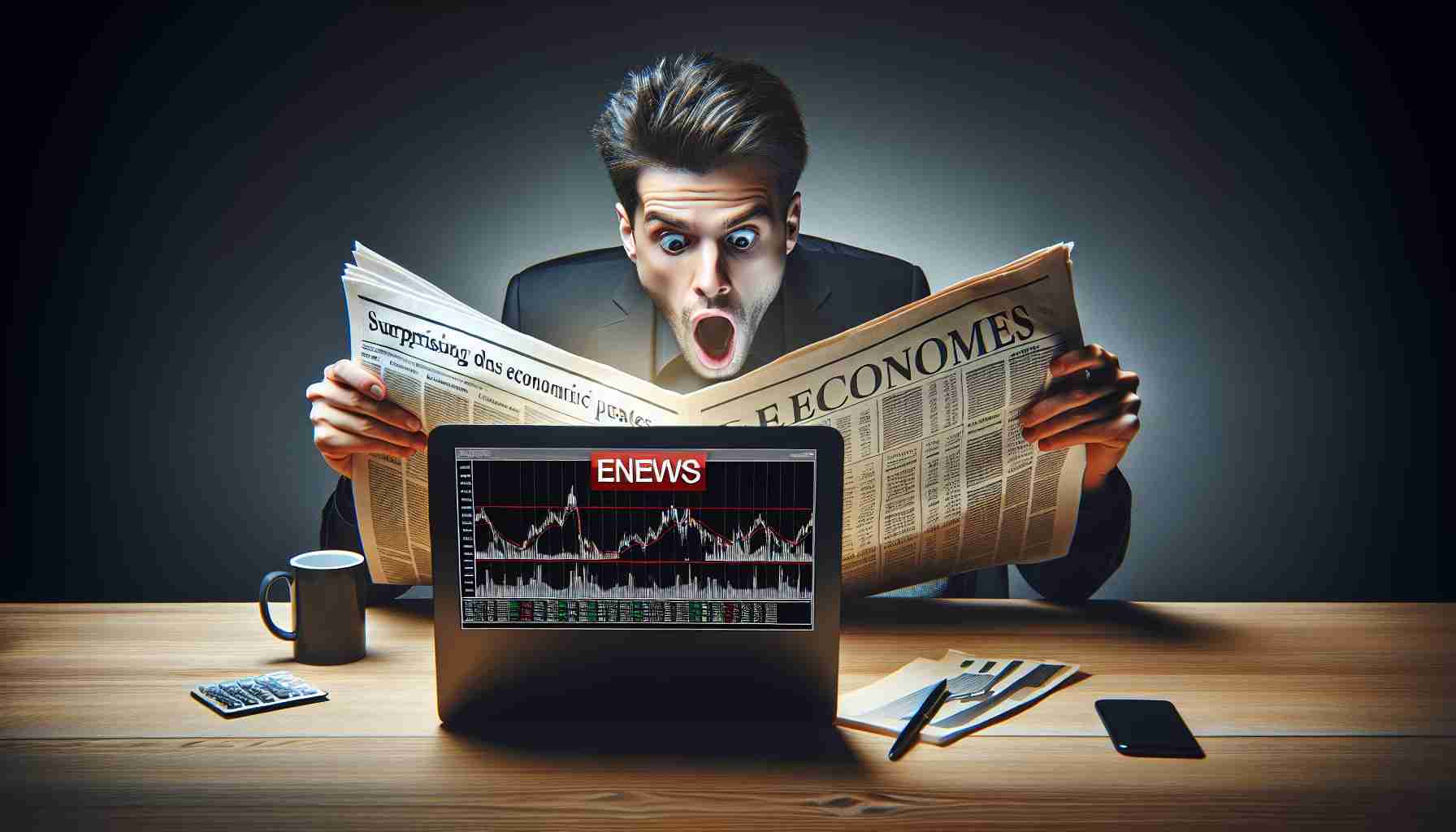 Create a realistic, high-definition image illustrating the concept of surprising or dramatic economic updates. This could be a picture of someone reacting with shock to a newspaper headline about the economy, or graphs and charts displaying unexpected fluctuations in financial markets. The view might also encompass a laptop screen showing breaking news about significant shifts in global economics, which would theoretically cause an individual to alter his or her financial strategy.