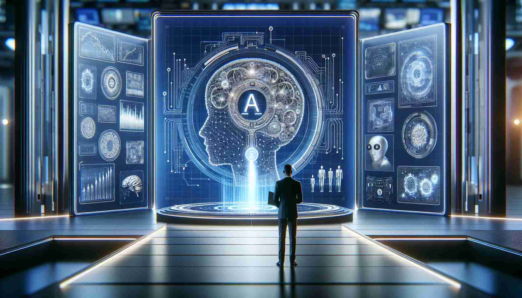 Realistic, high-definition image representing the future of Palantir, with a focus on the integration of Artificial Intelligence. The scene might feature symbolic elements that highlight the potential boost to PLTR stock. Could this illustrate a new era in data analytics? The backdrop can include futuristic technology panels, digital data representation, and AI components.