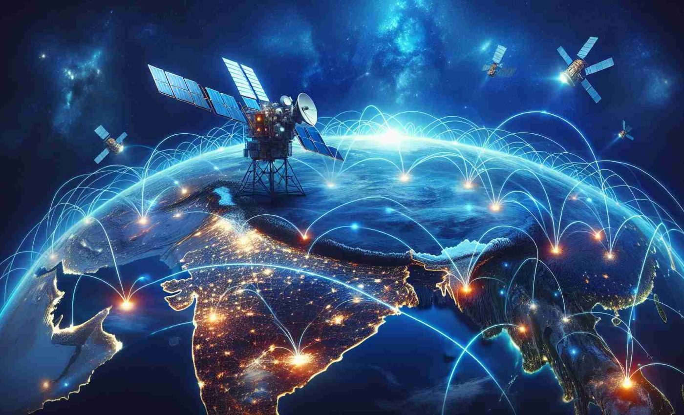 Create a high definition realistic image featuring a metaphorical representation of India's advanced satellite networks revolutionizing the telecom industry. Show satellites revolving around the earth with lines of connectivity between them, on a backdrop of the blue glowing earth. Include earthly landscapes, dense city skylines with towering buildings, glowing with lights at night, and rural areas with sparse population, all getting connected with each other thanks to the satellite networks. This image should communicate the emission of signals back and forth between telecom towers and satellites.