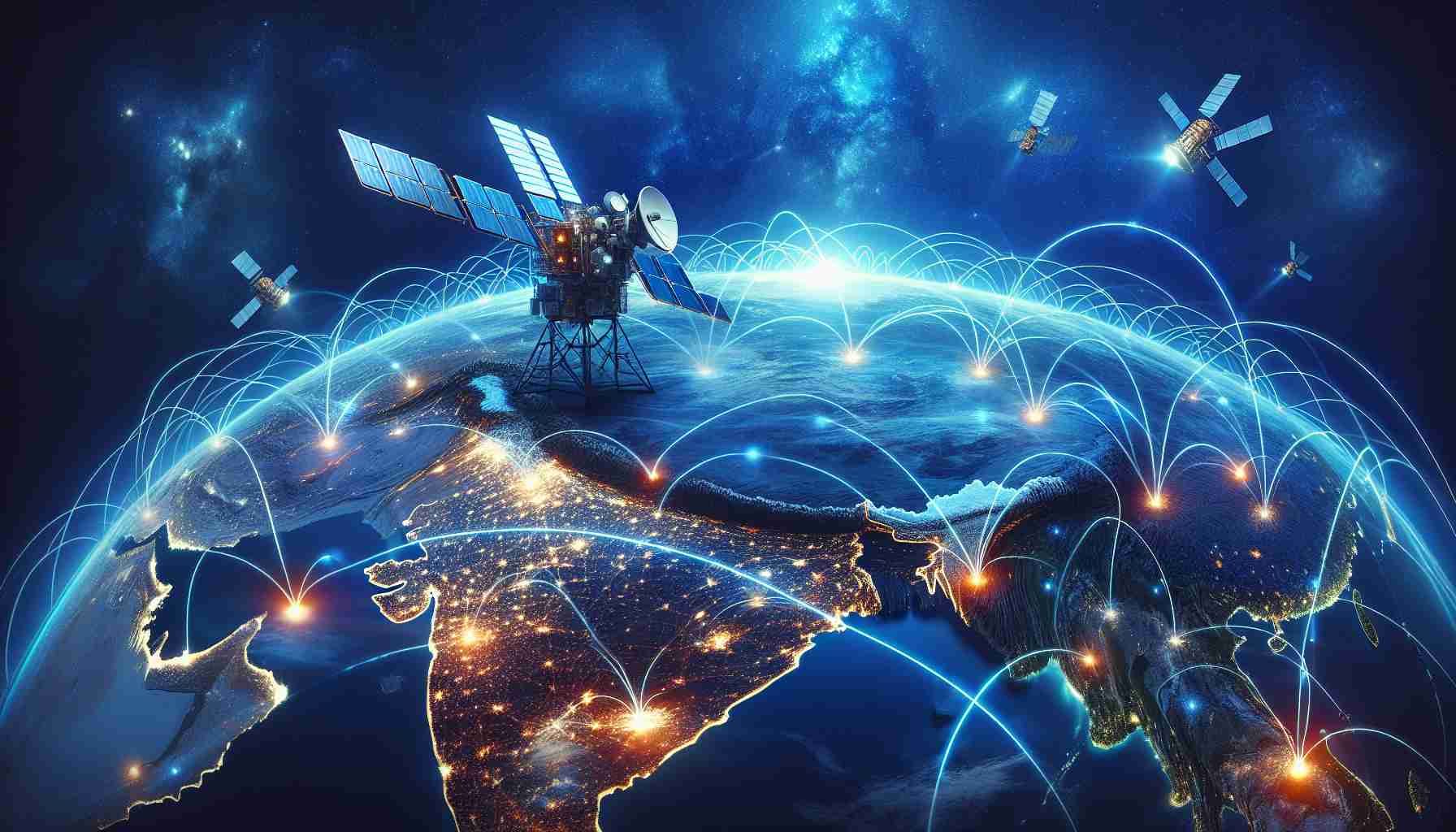 Create a high definition realistic image featuring a metaphorical representation of India's advanced satellite networks revolutionizing the telecom industry. Show satellites revolving around the earth with lines of connectivity between them, on a backdrop of the blue glowing earth. Include earthly landscapes, dense city skylines with towering buildings, glowing with lights at night, and rural areas with sparse population, all getting connected with each other thanks to the satellite networks. This image should communicate the emission of signals back and forth between telecom towers and satellites.