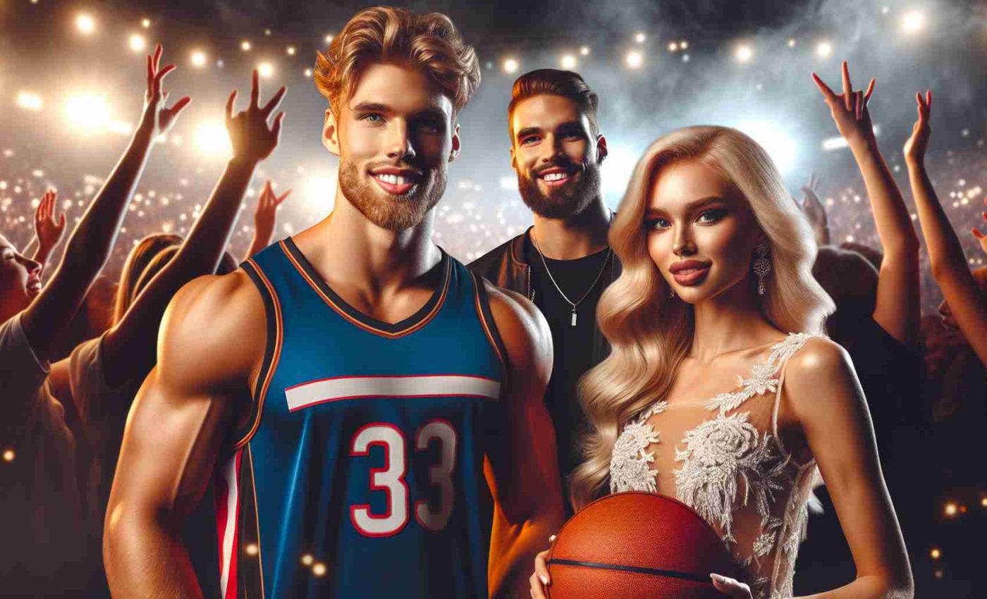 Realistic HD photo of an unforgettable night: A tall, athletic, Caucasian male who is a professional football player meets a talented, blonde, Caucasian female who is a professional basketball player at a concert of a popular blonde pop singer.