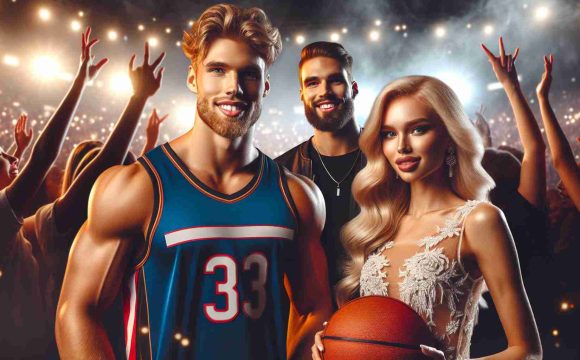 Realistic HD photo of an unforgettable night: A tall, athletic, Caucasian male who is a professional football player meets a talented, blonde, Caucasian female who is a professional basketball player at a concert of a popular blonde pop singer.