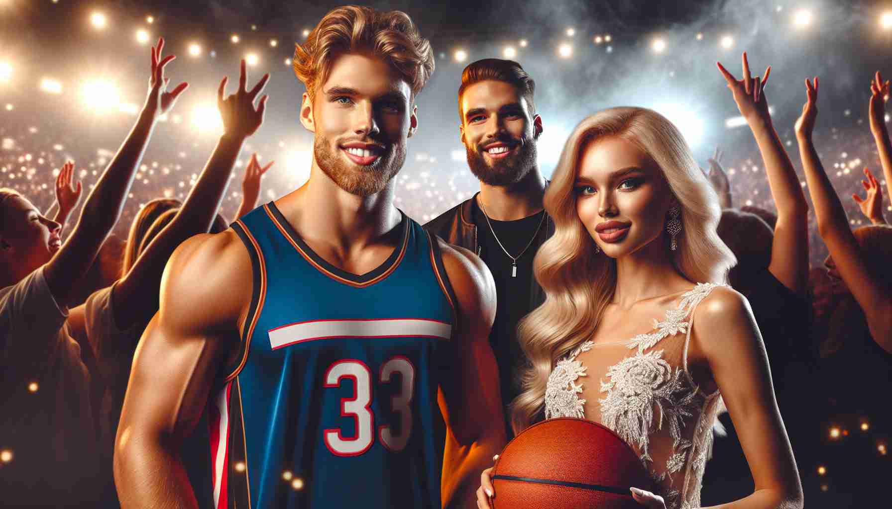 Realistic HD photo of an unforgettable night: A tall, athletic, Caucasian male who is a professional football player meets a talented, blonde, Caucasian female who is a professional basketball player at a concert of a popular blonde pop singer.