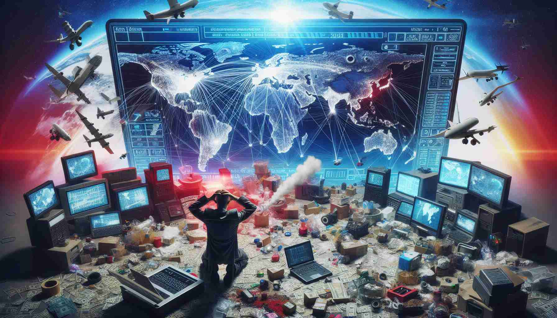 Generate a vivid and high-definition image portraying a dramatic scene that implies a significant revelation: Individuals involved in illicit drug trafficking have begun to leverage cutting-edge satellite technology. The scene might include a shock stricken law enforcement official looking at a digital screen that displays satellite data, intricate routes marked on a global map, and various hi-tech equipment scattered around.