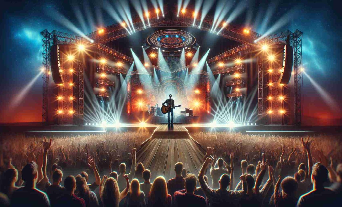 An image representing the excitement towards an epic concert tour headlined by a charismatic country musician, showing striking stage setups, vibrant lighting, and enthusiastic fans eagerly anticipating the start of the performance.