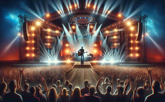 An image representing the excitement towards an epic concert tour headlined by a charismatic country musician, showing striking stage setups, vibrant lighting, and enthusiastic fans eagerly anticipating the start of the performance.