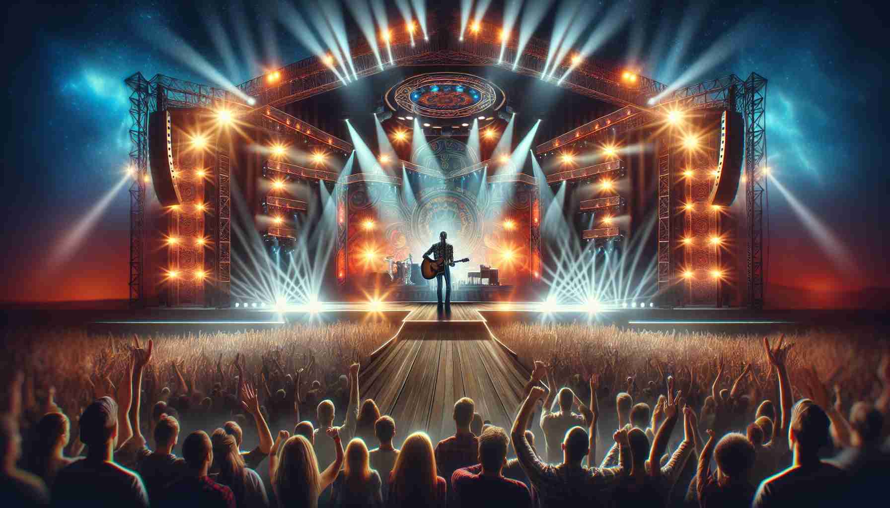 An image representing the excitement towards an epic concert tour headlined by a charismatic country musician, showing striking stage setups, vibrant lighting, and enthusiastic fans eagerly anticipating the start of the performance.