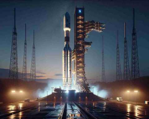 Realistic, high-definition image of a modern rocket on the launch pad under the early morning sky, bathed in the cool pre-dawn light. The rocket is bristling with technology, reflecting the cutting-edge nature of space exploration. The tense atmosphere of an imminent launch hangs heavy in the air. This image encapsulates the raw excitement and high stakes of the moments leading up to a major space mission launch. Please display labels with important information such as expected launch time, weather conditions, mission goals, and key rocket specifications.