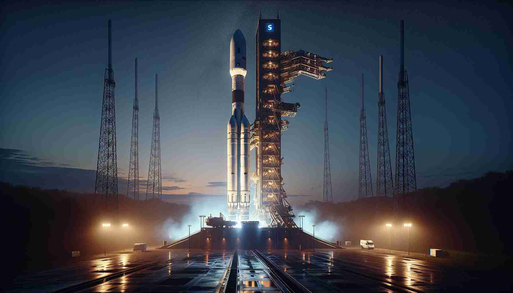 Realistic, high-definition image of a modern rocket on the launch pad under the early morning sky, bathed in the cool pre-dawn light. The rocket is bristling with technology, reflecting the cutting-edge nature of space exploration. The tense atmosphere of an imminent launch hangs heavy in the air. This image encapsulates the raw excitement and high stakes of the moments leading up to a major space mission launch. Please display labels with important information such as expected launch time, weather conditions, mission goals, and key rocket specifications.