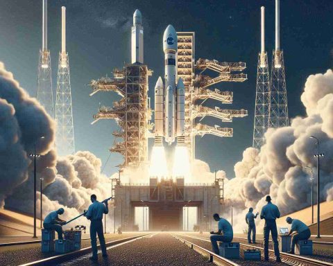 Generate a high-definition photorealistic image that showcases an impressive space launch. The theme focuses on a mission named 'Proba-3', which is designed to study the astronomical body known as the Sun. Possibly present the rocket set against a clear sky, poised on the launchpad, emitting plumes of vapor from the engines while engineers, a balanced mix of men and women from different descents such as Caucasian, Hispanic, and Middle-Eastern, work in the foreground, performing final checks before launch.